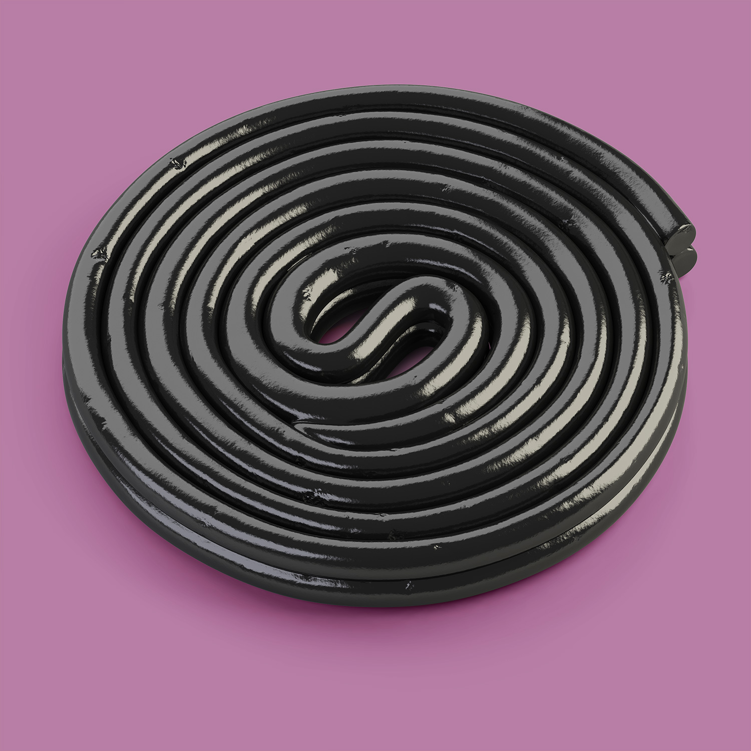 a black licorice swirl on a purple background
