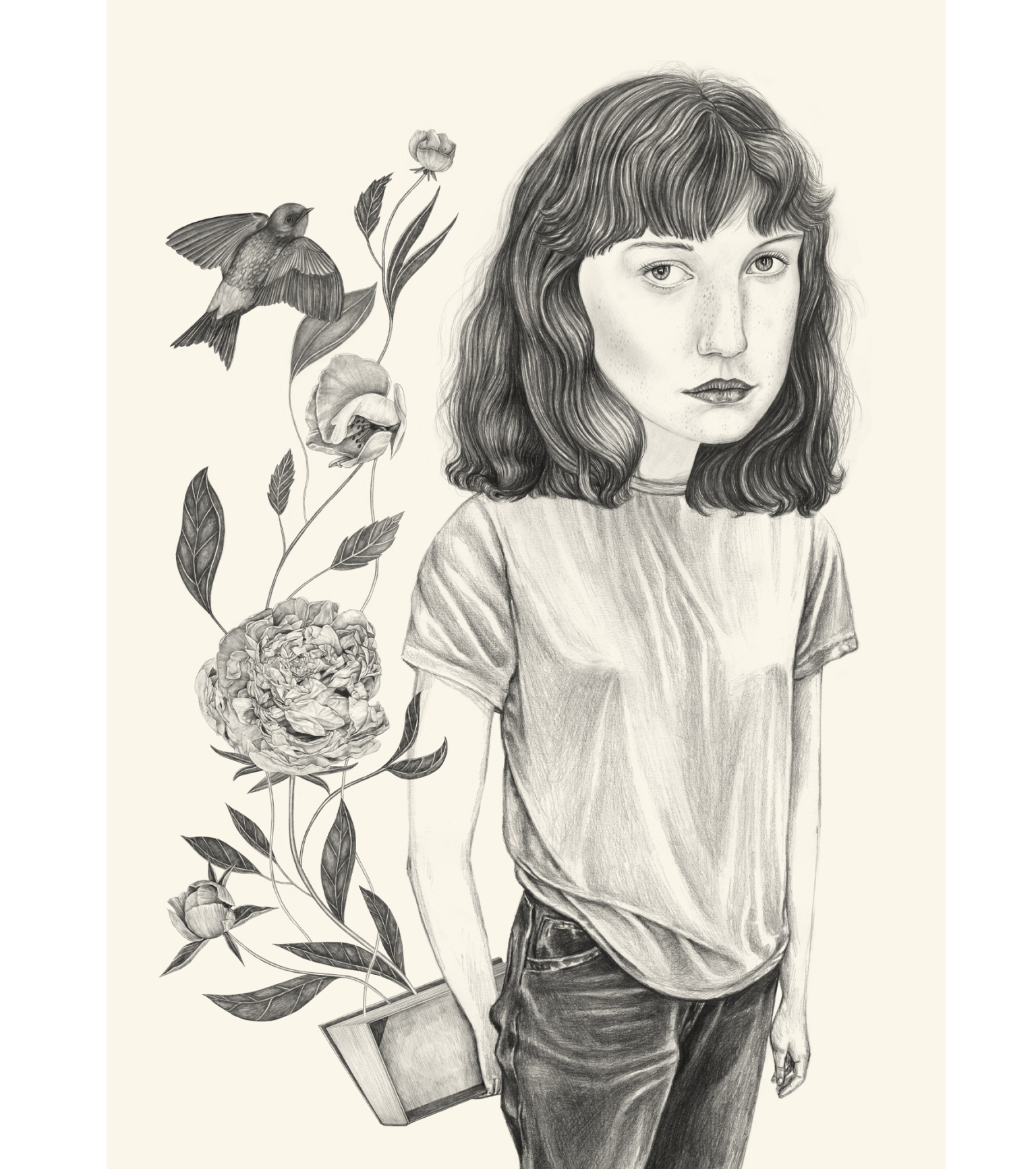 a drawing of a woman with a plant and birds