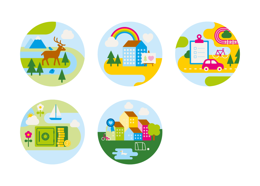 a group of icons with buildings and trees