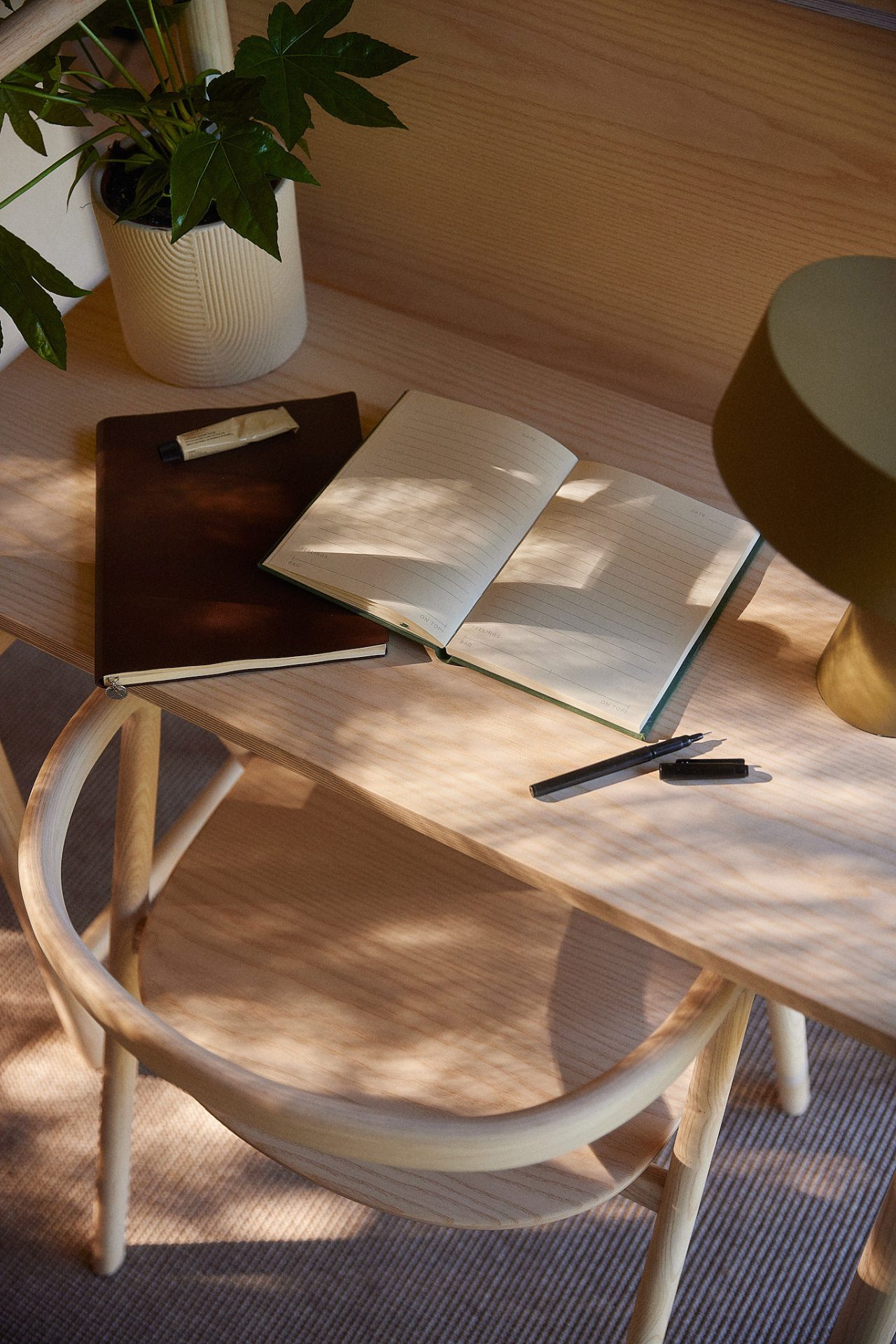 a desk with a book and a plant