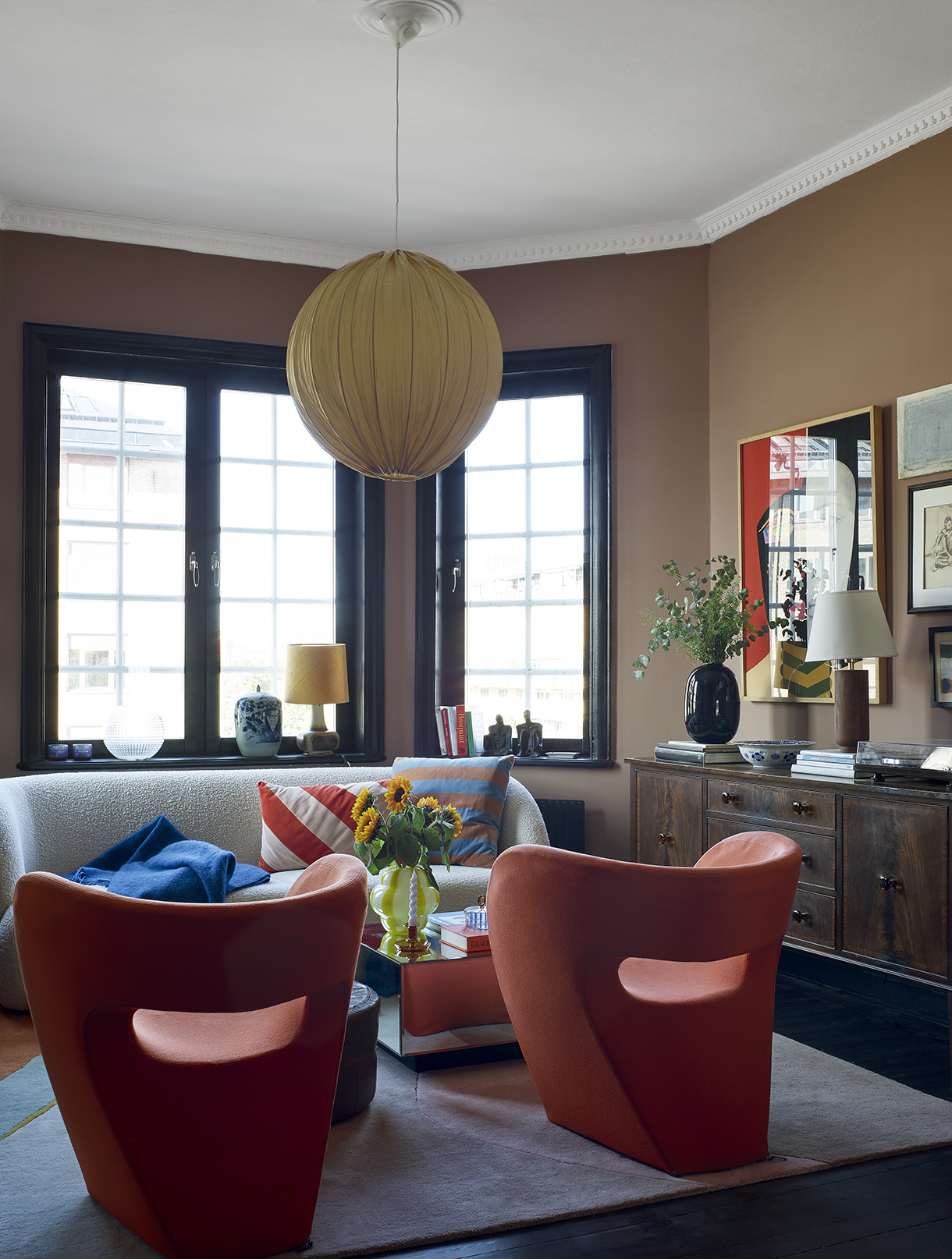 a living room with a couch and a table