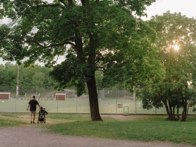 a man and a child in a wheelchair by a tree