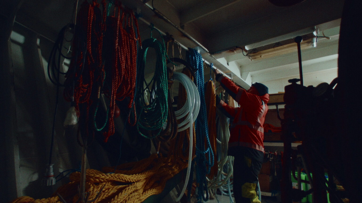 a person in a red jacket up a rack of ropes