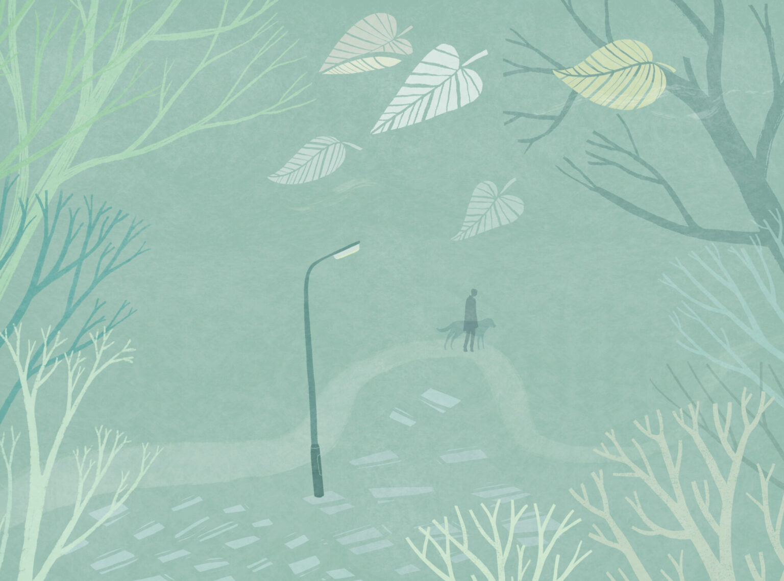 a person walking a dog on a path with a lamp post and trees