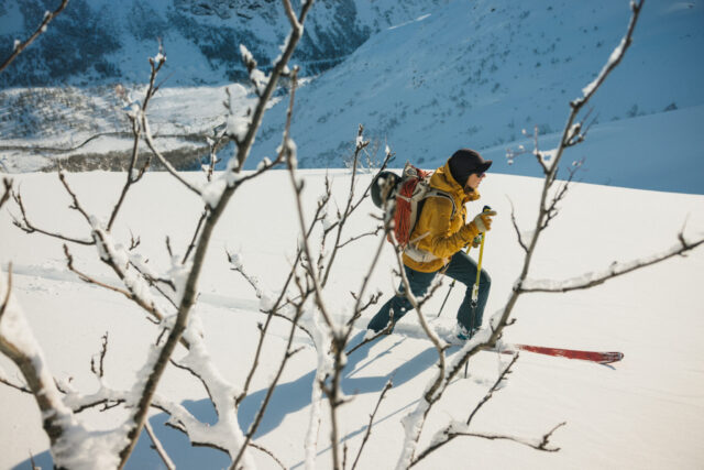 a person in a yellow jacket with skis and poles on a snowy mountain