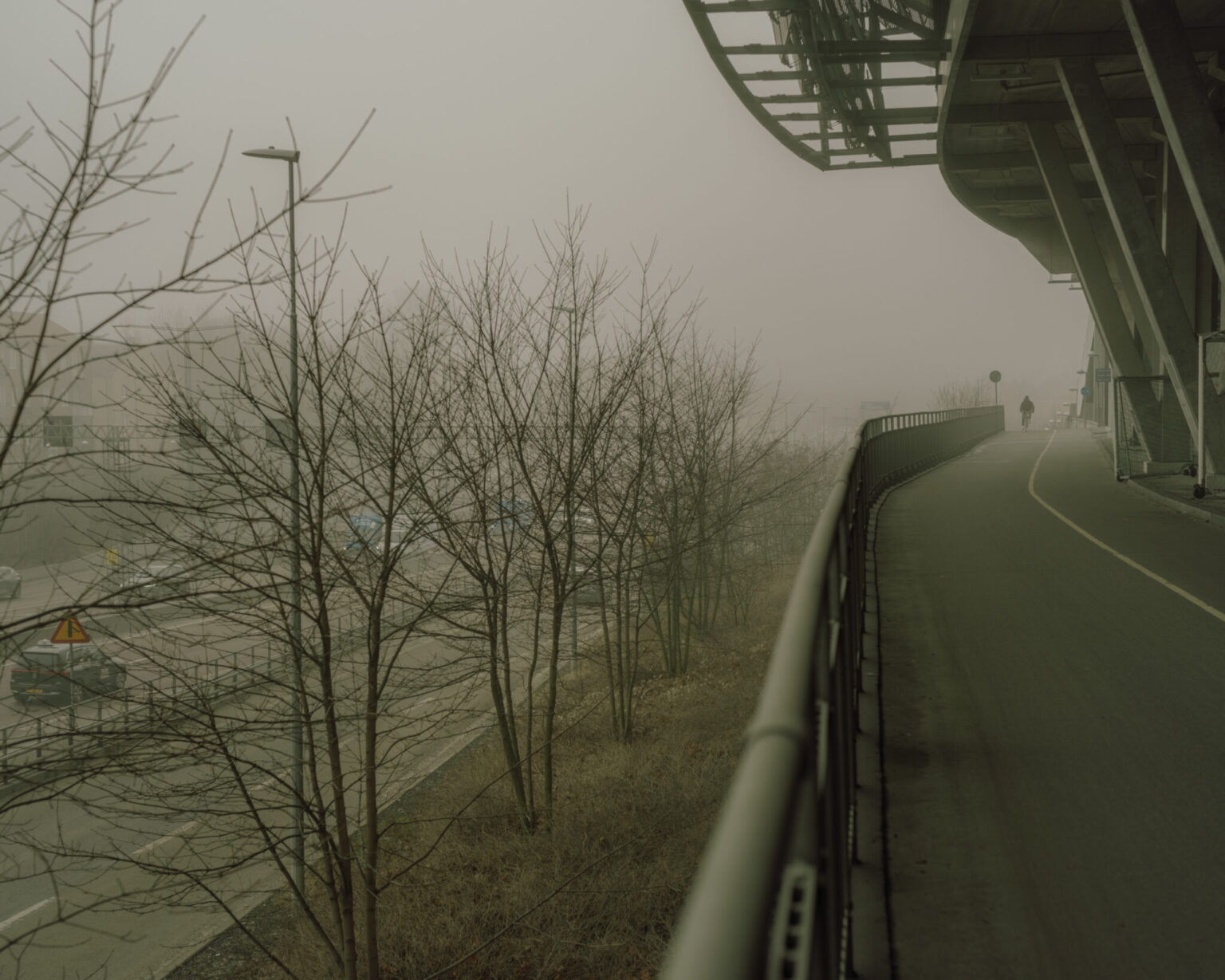a road with trees and a building on the side