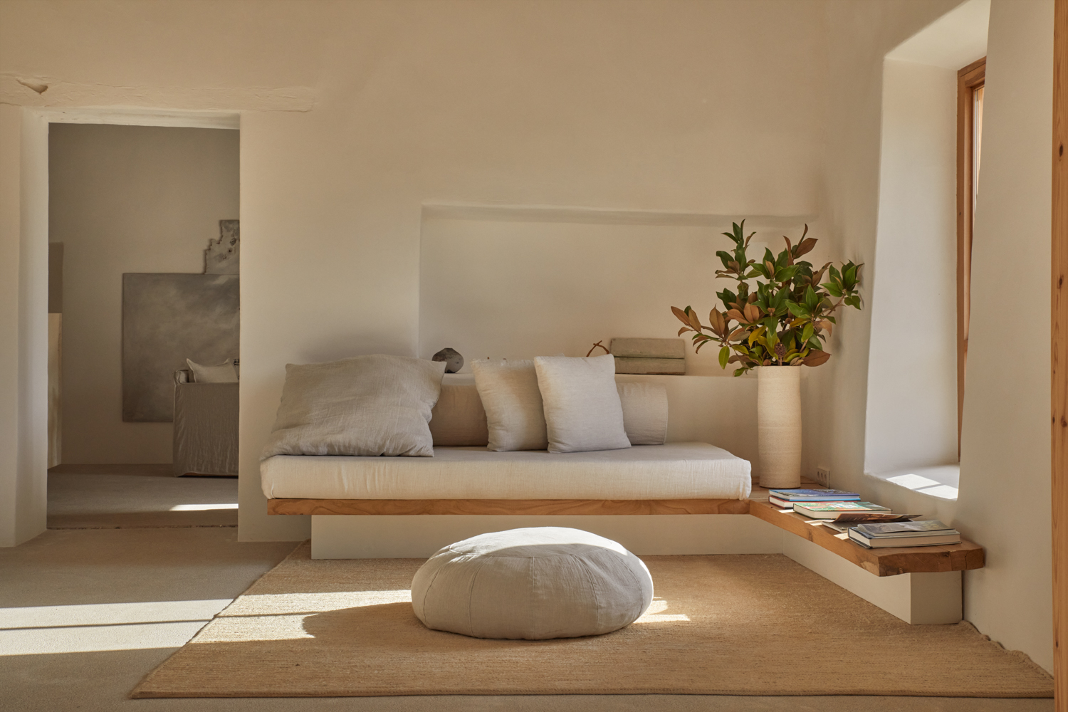 a room with a couch and a plant