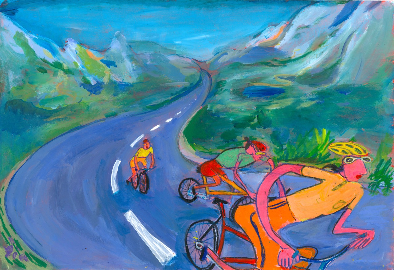 a painting of people riding bicycles on a road