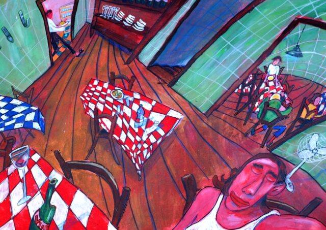 a painting of a restaurant with tables and chairs