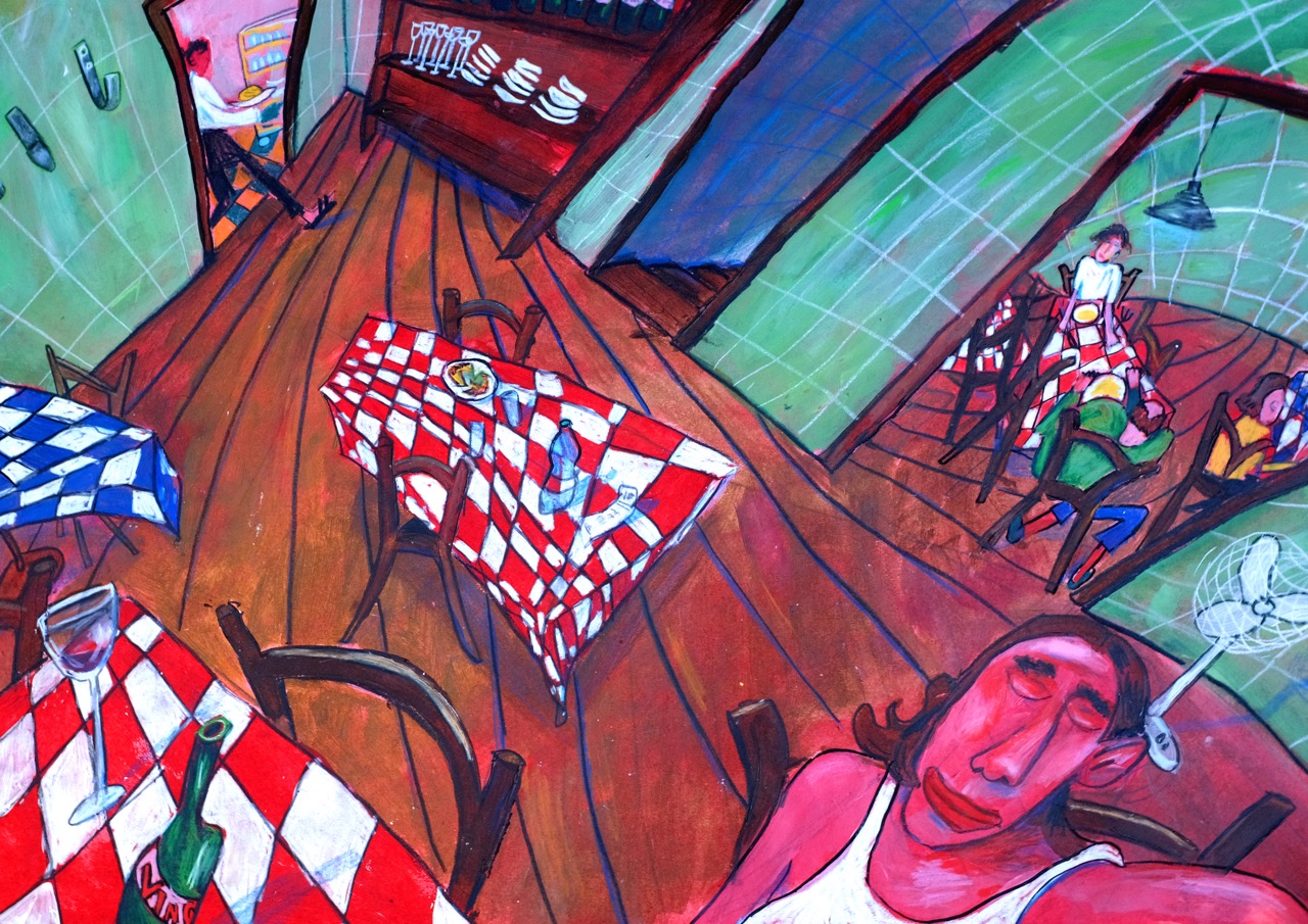 a painting of a restaurant with tables and chairs