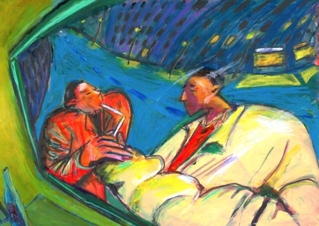 a painting of a man smoking a cigarette