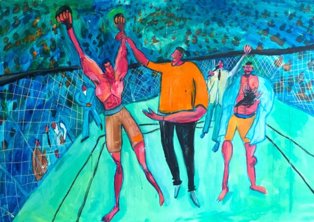 a painting of men in a ring