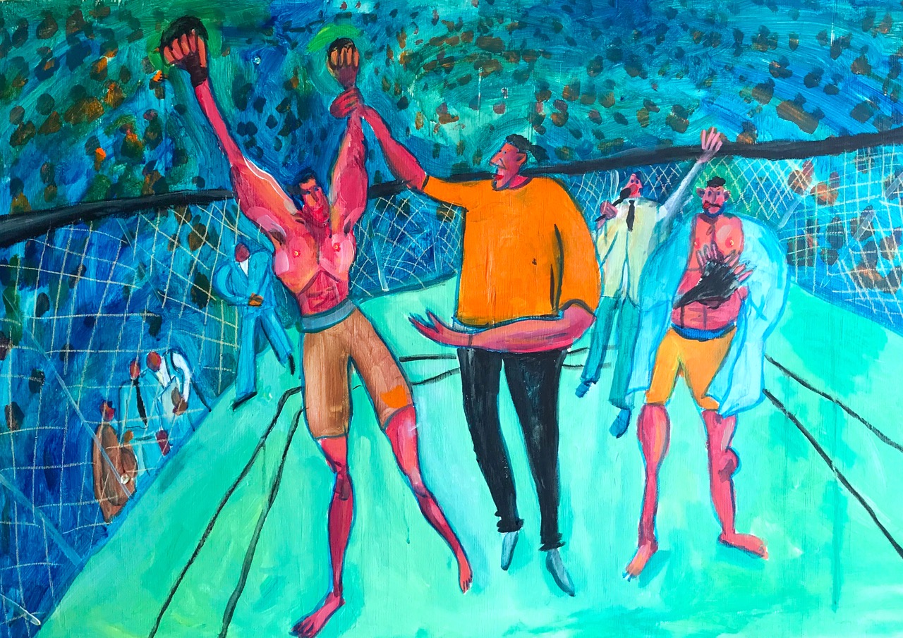 a painting of men in a ring