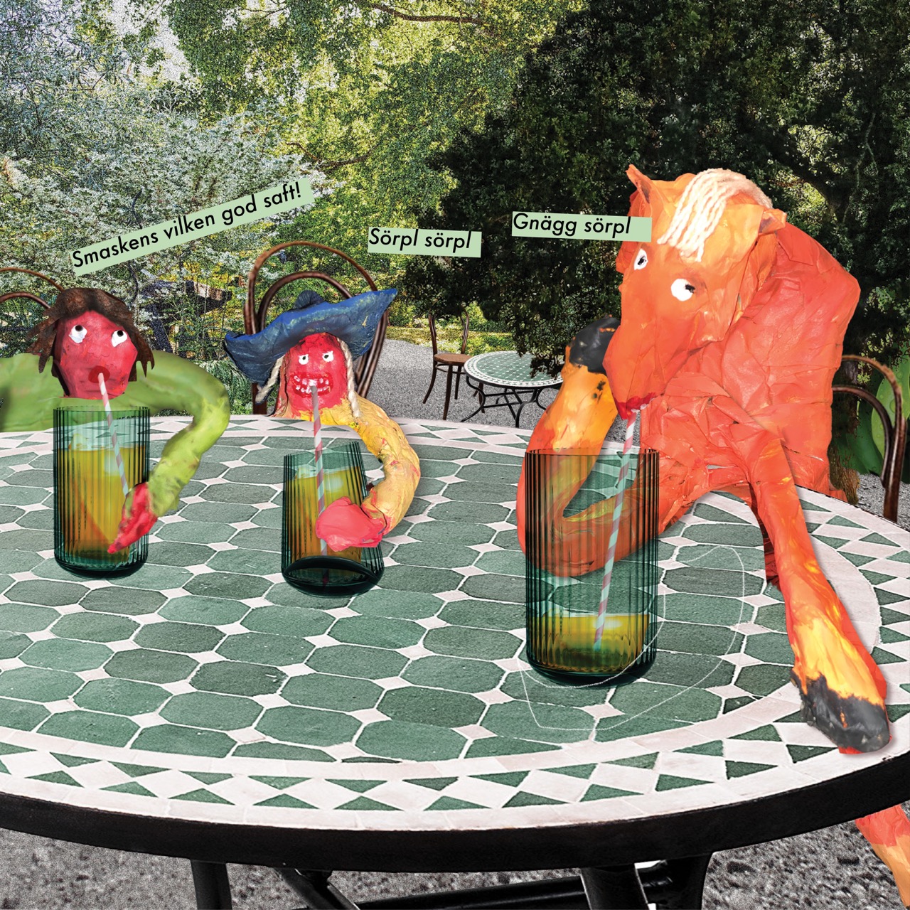 a group of dolls sitting at a table with drinks