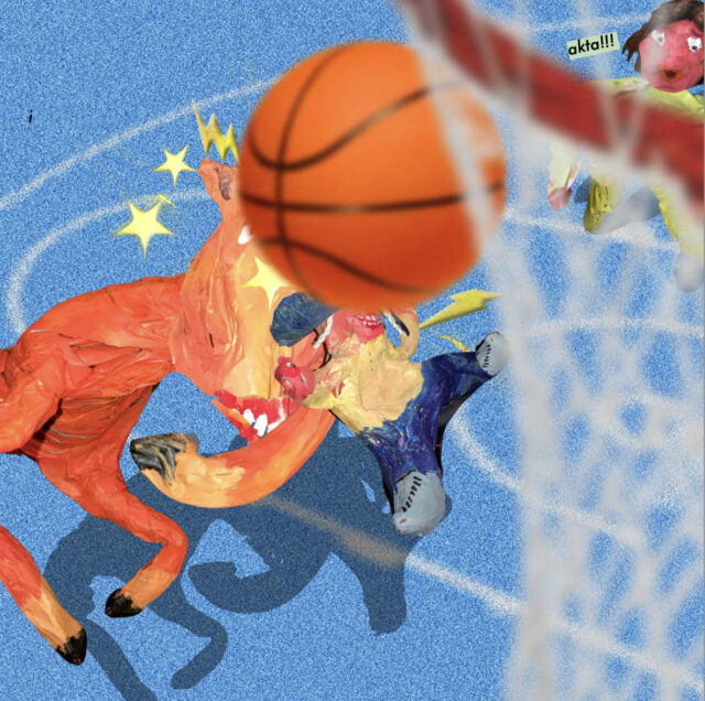 a basketball player chasing a person in a basketball hoop