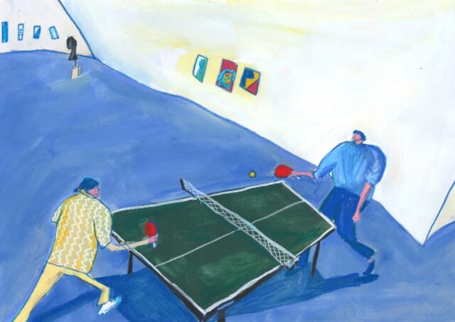a drawing of people playing ping pong