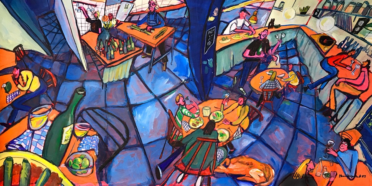 a painting of people sitting at tables