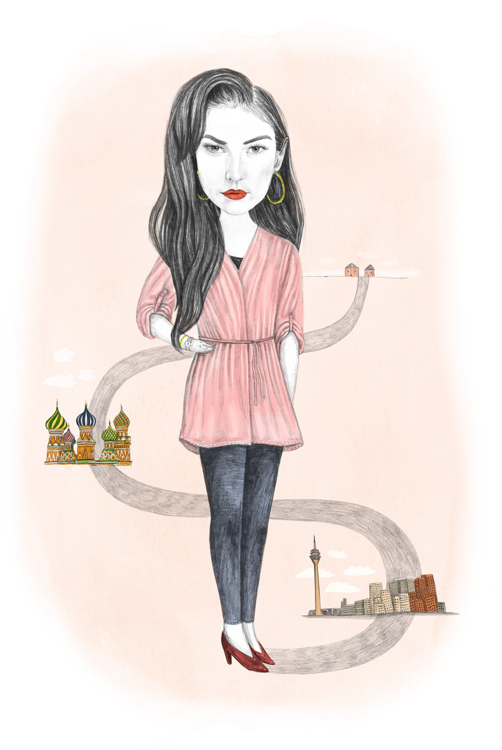 a woman with long hair wearing a pink shirt and black pants