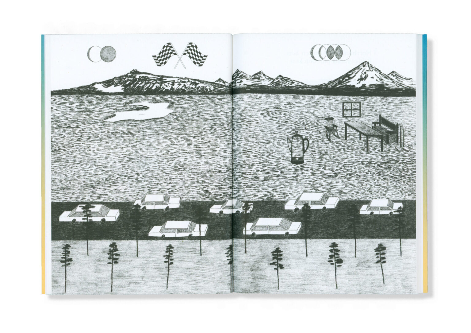 a drawing of a road with cars and a lake