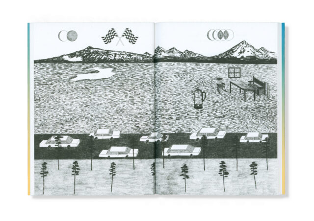 a drawing of a road with cars and a lake