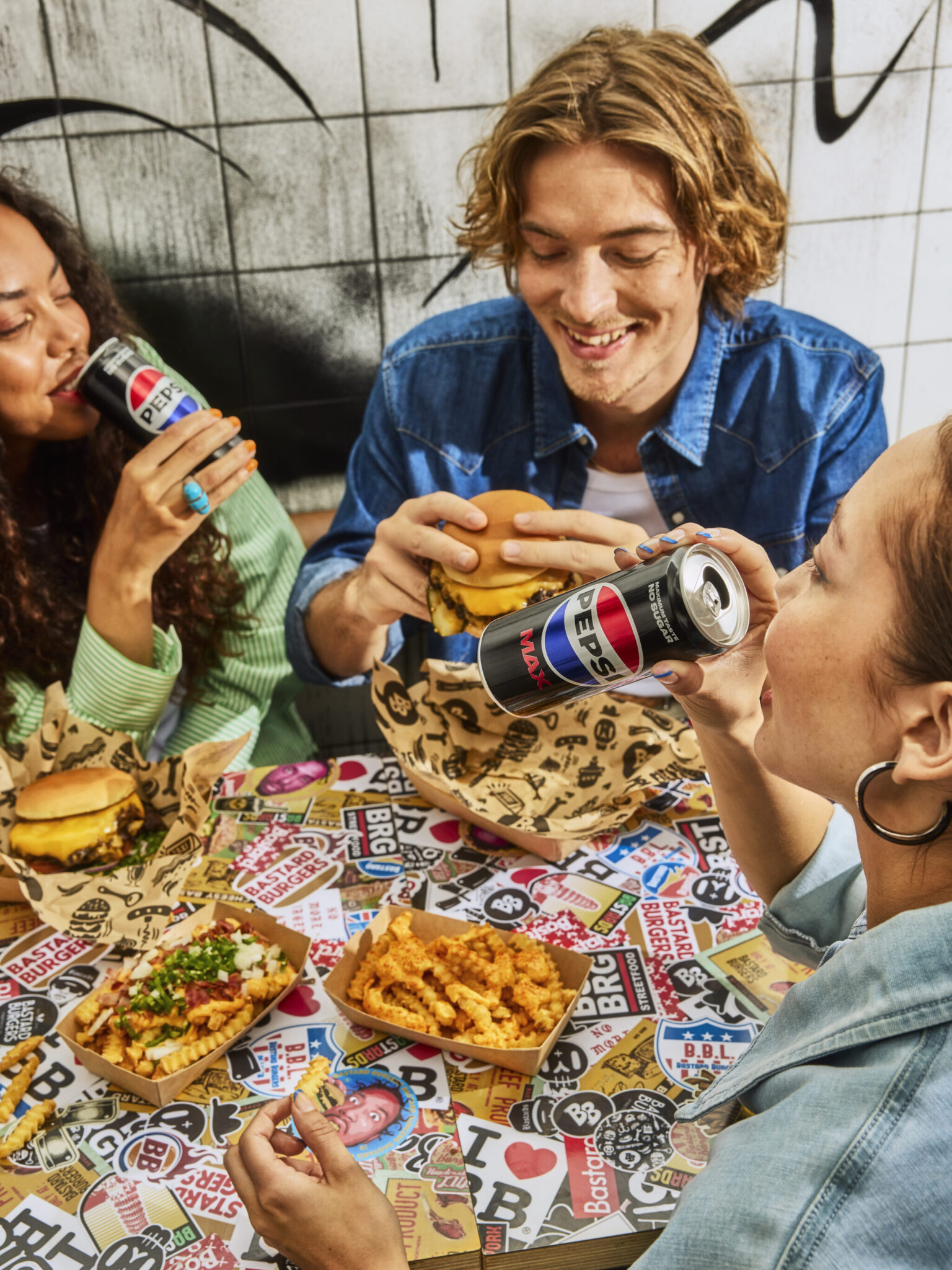 a group of people eating fast food