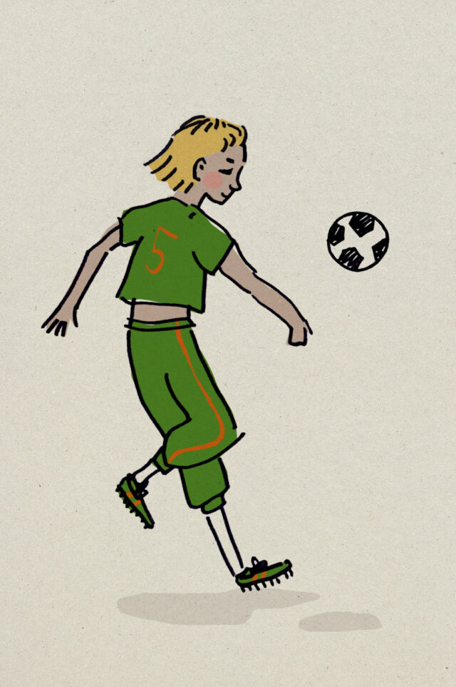 a drawing of a woman kicking a football ball