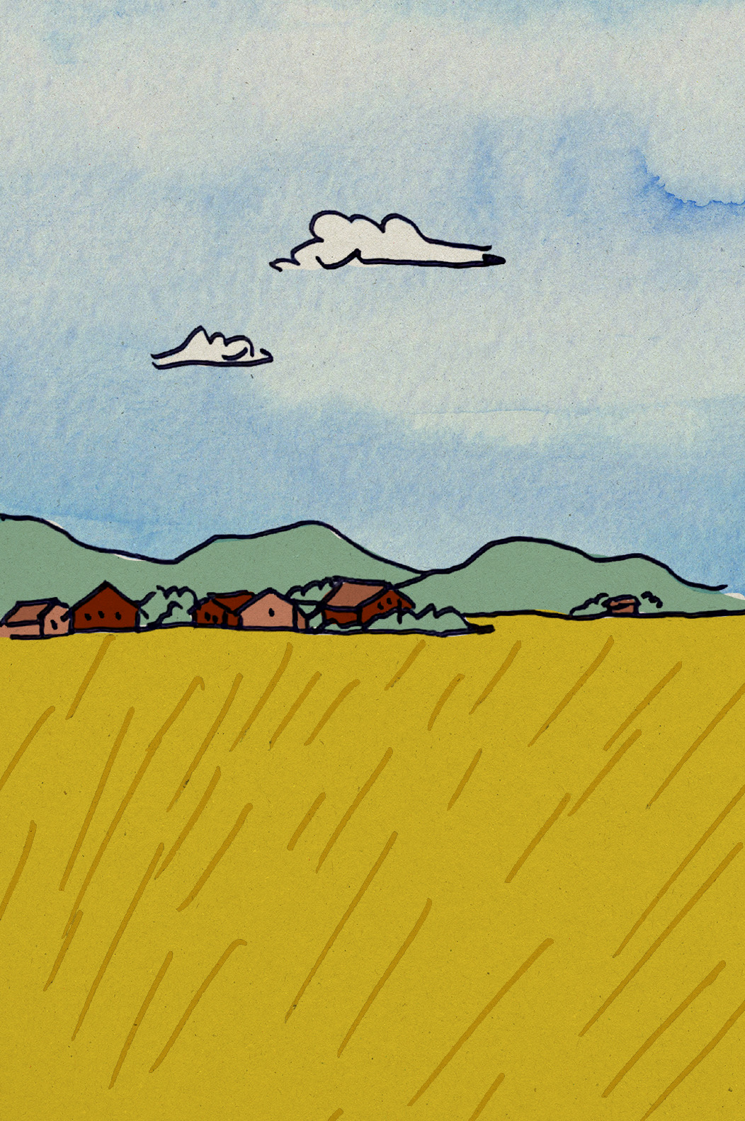 a drawing of a village in a field