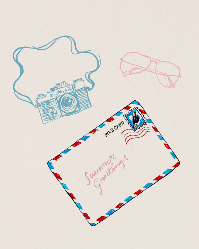 a drawing of a postcard and sunglasses