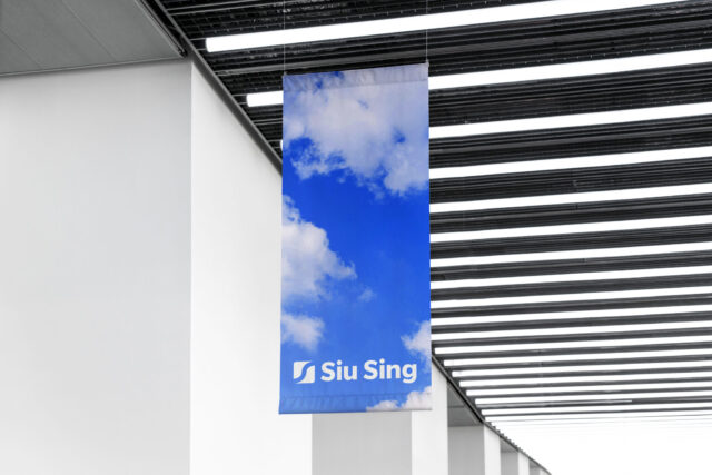 a blue banner from a ceiling