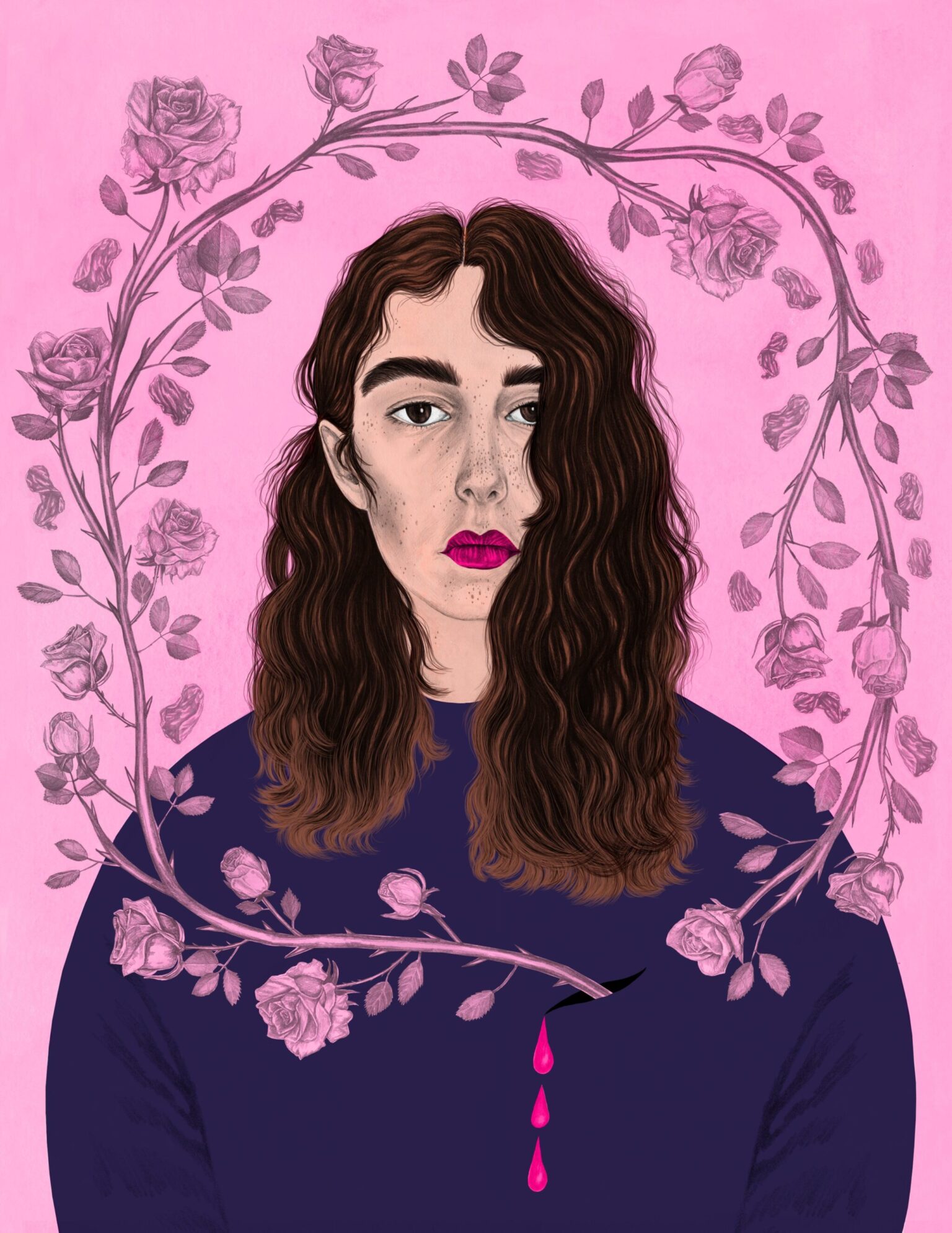 a woman with long hair and pink lips