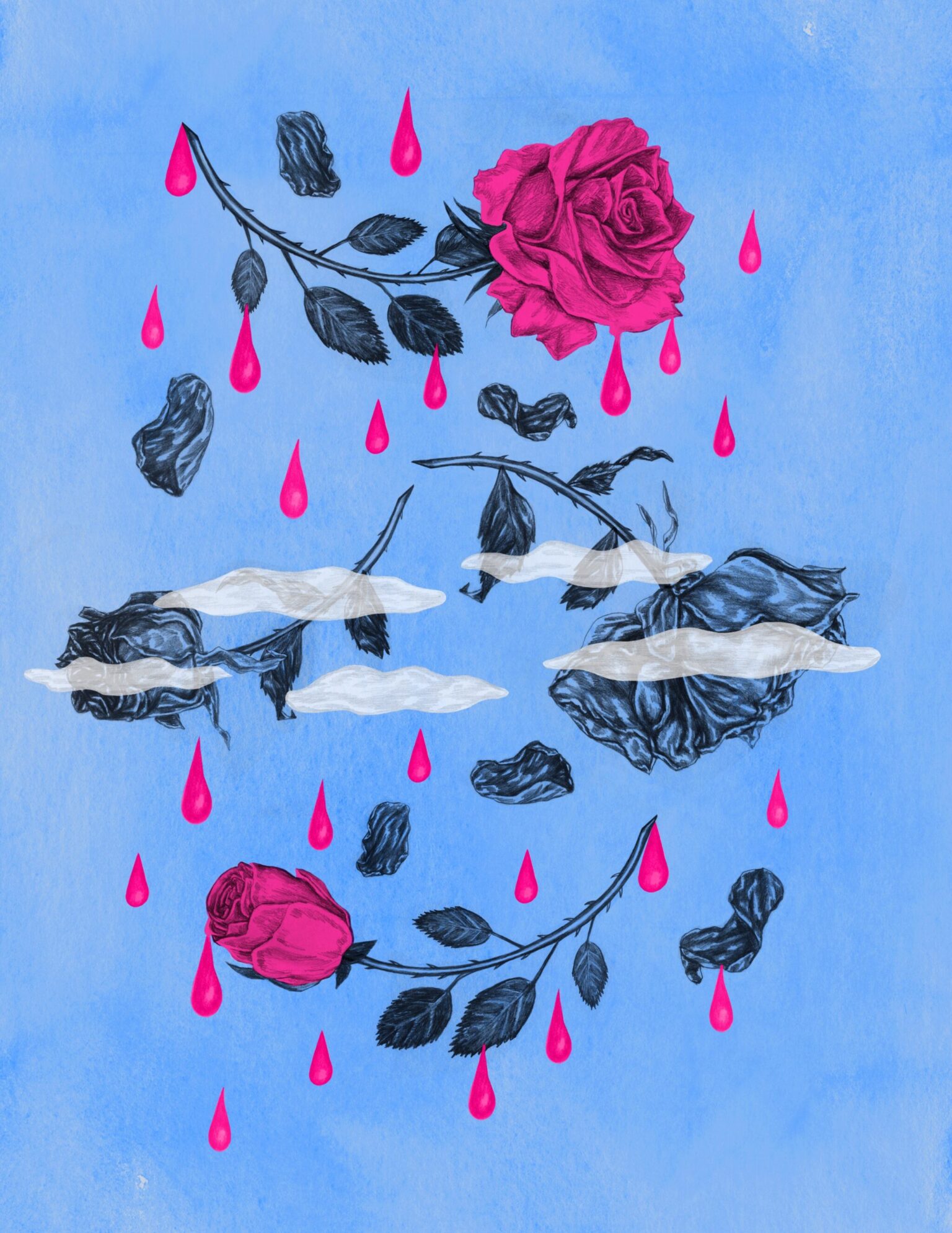 a drawing of roses and raindrops