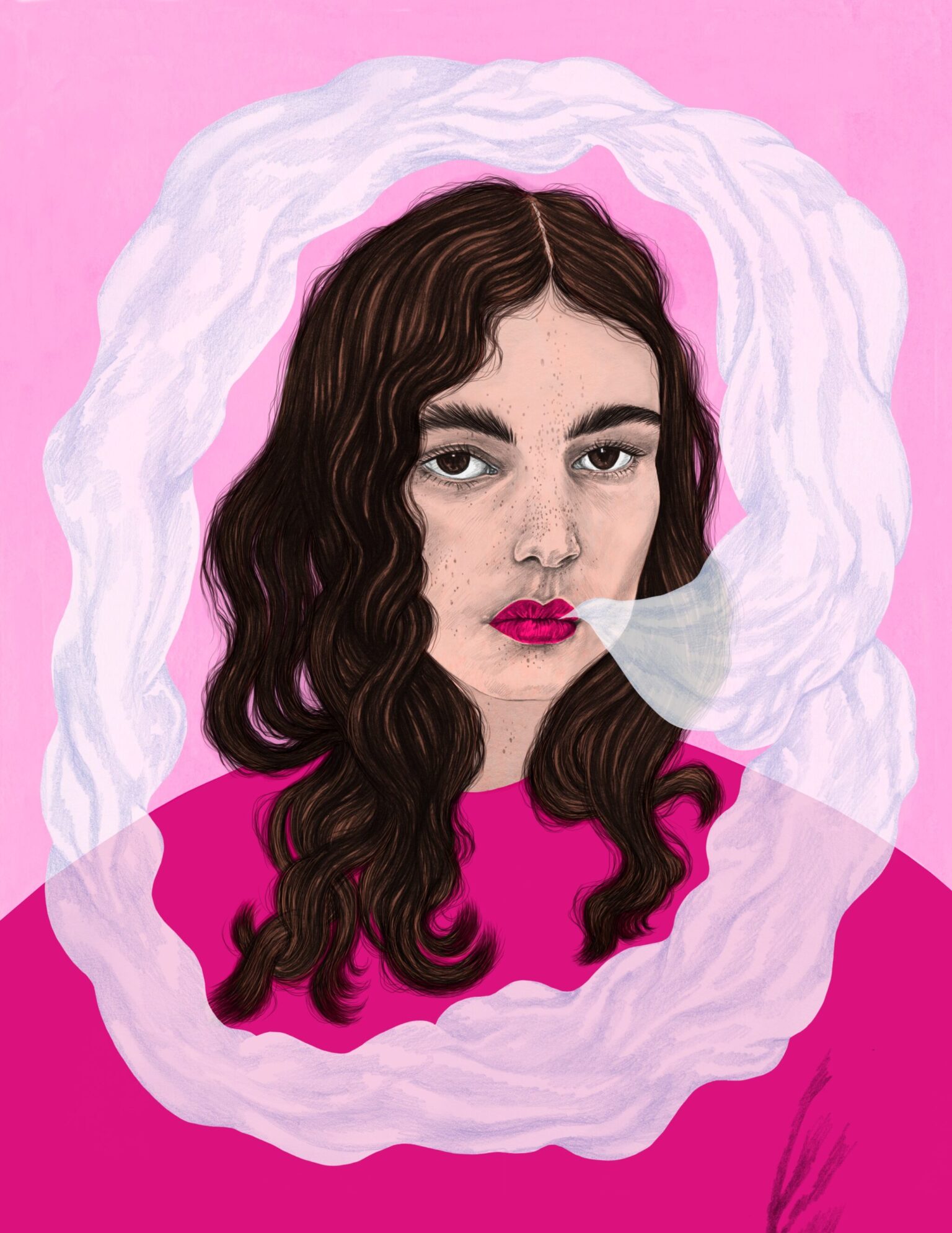 a woman with long hair blowing a white bubble