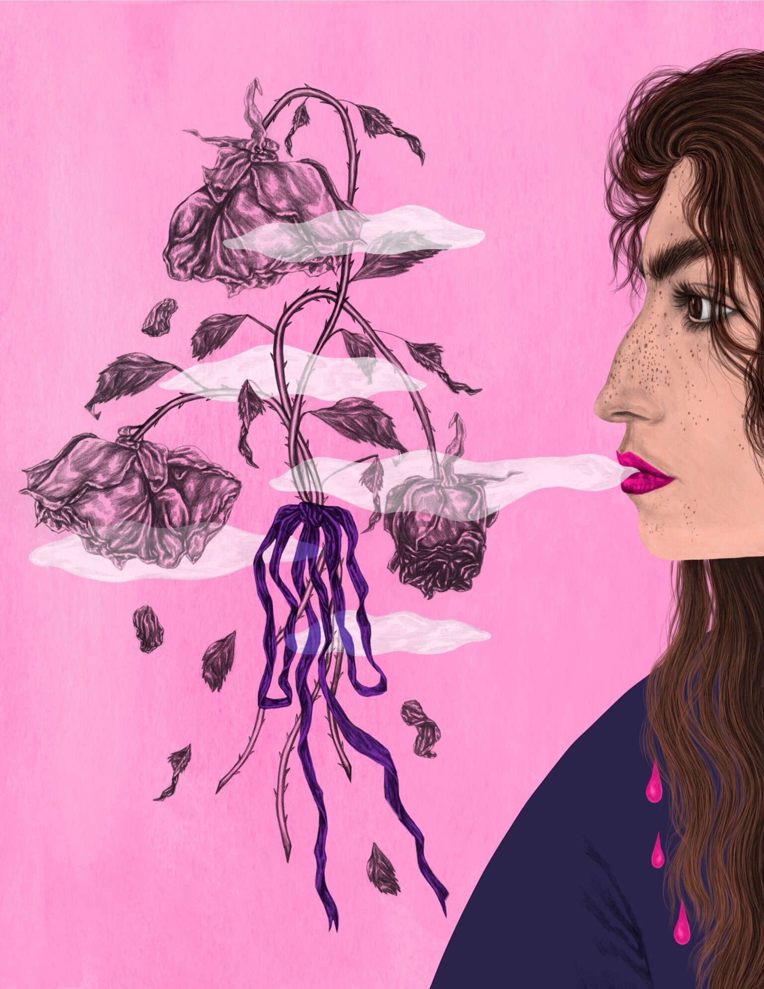 a woman with a rose and smoke coming out of her mouth
