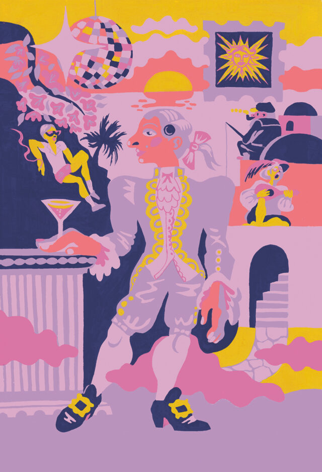 a man holding a drink in a tropic setting