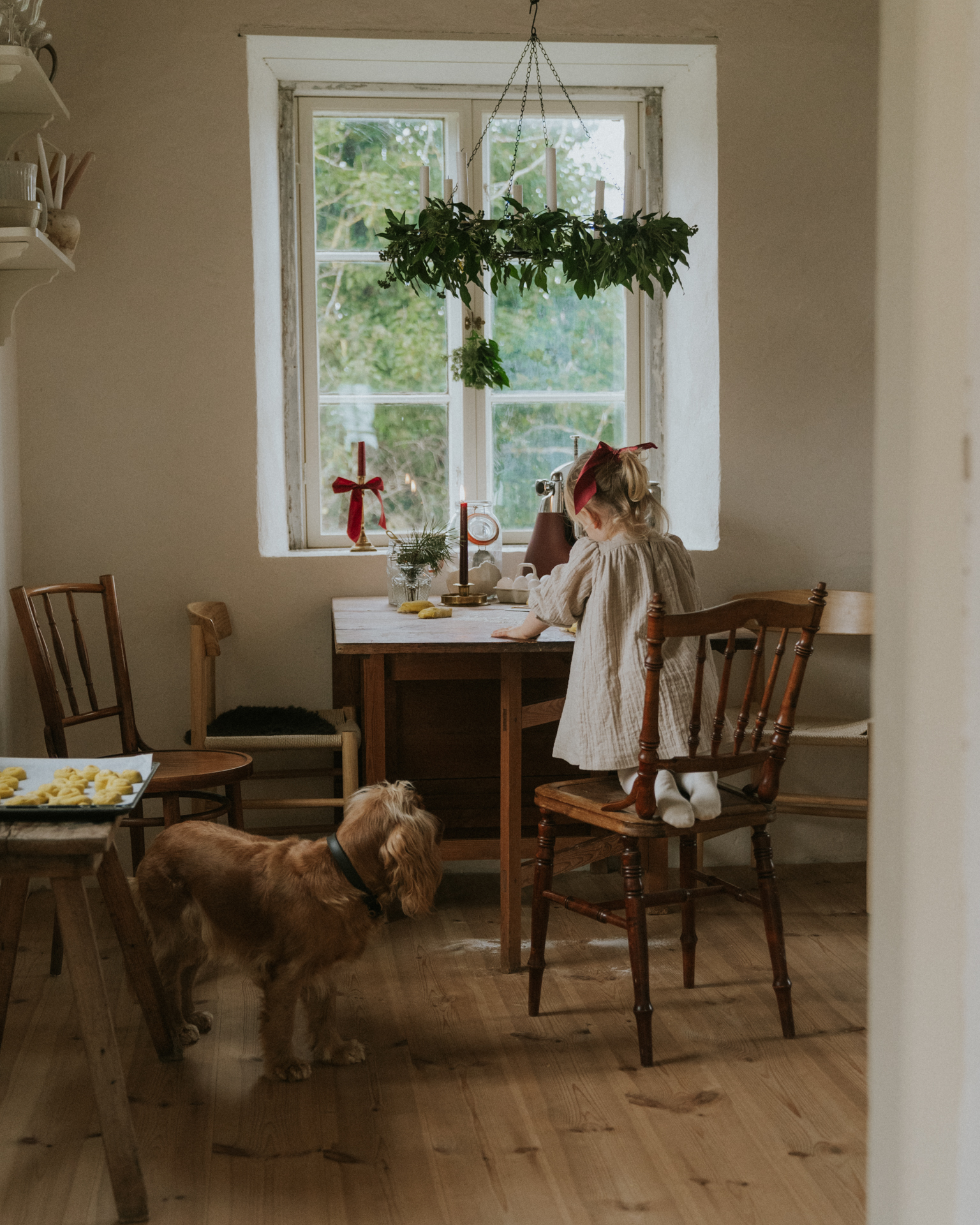a woman sitting at a table with a dog
