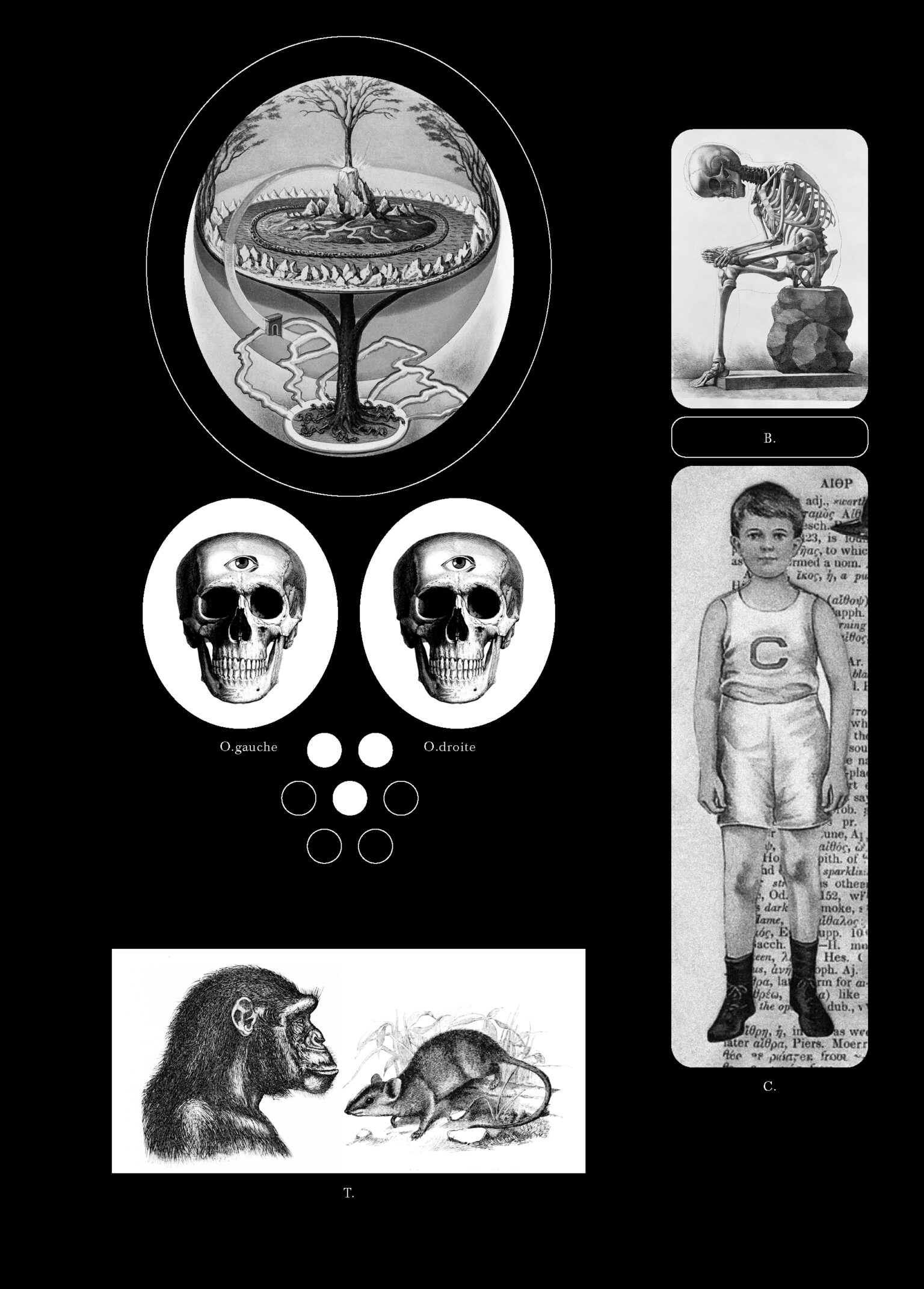 a black and white image of a child and a skeleton