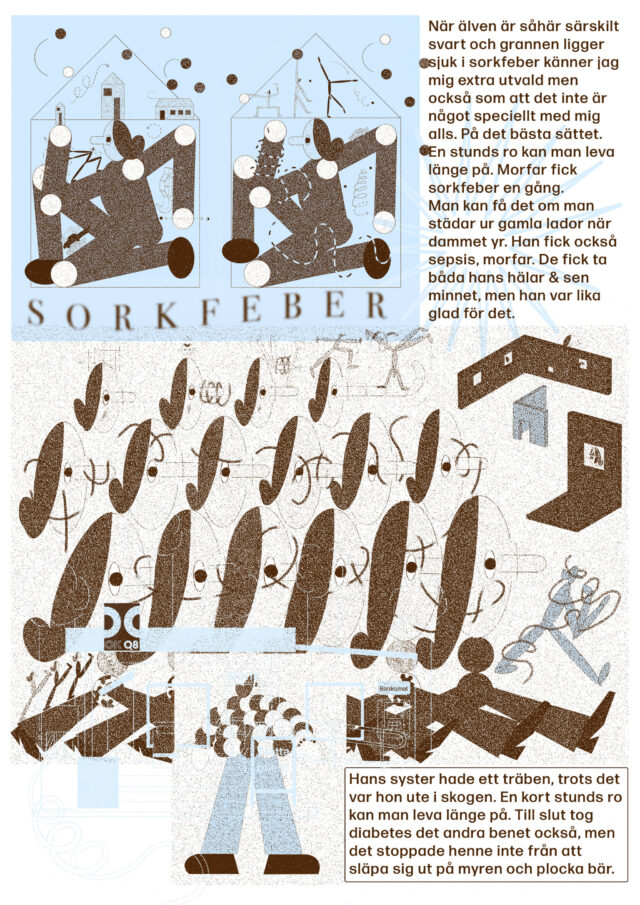 Illustration of figures in houses, text "SORKFEBER" and a paragraph about illness.