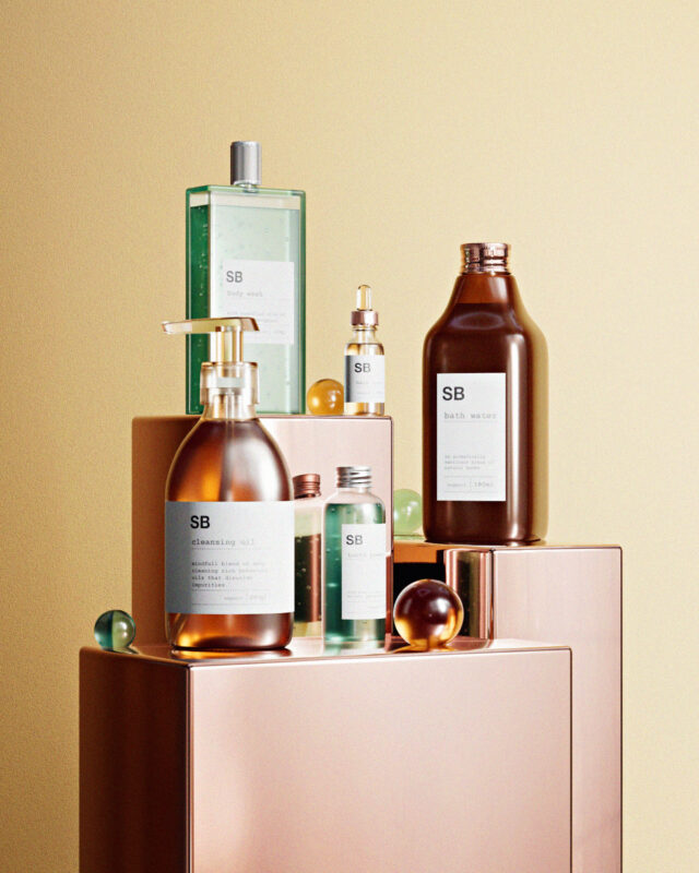 Assortment of SB skincare products on a rose gold shelf against a gold background.
