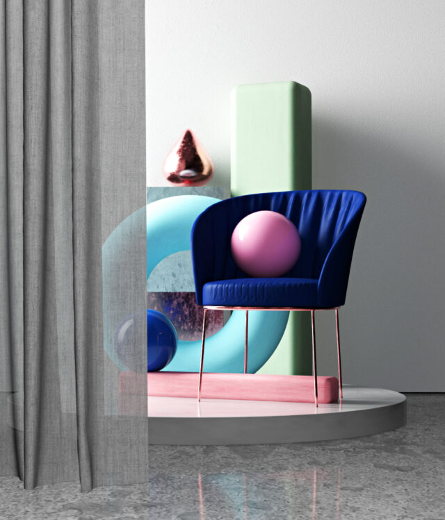A blue chair with a pink ball sits on a pedestal, with abstract shapes behind it.