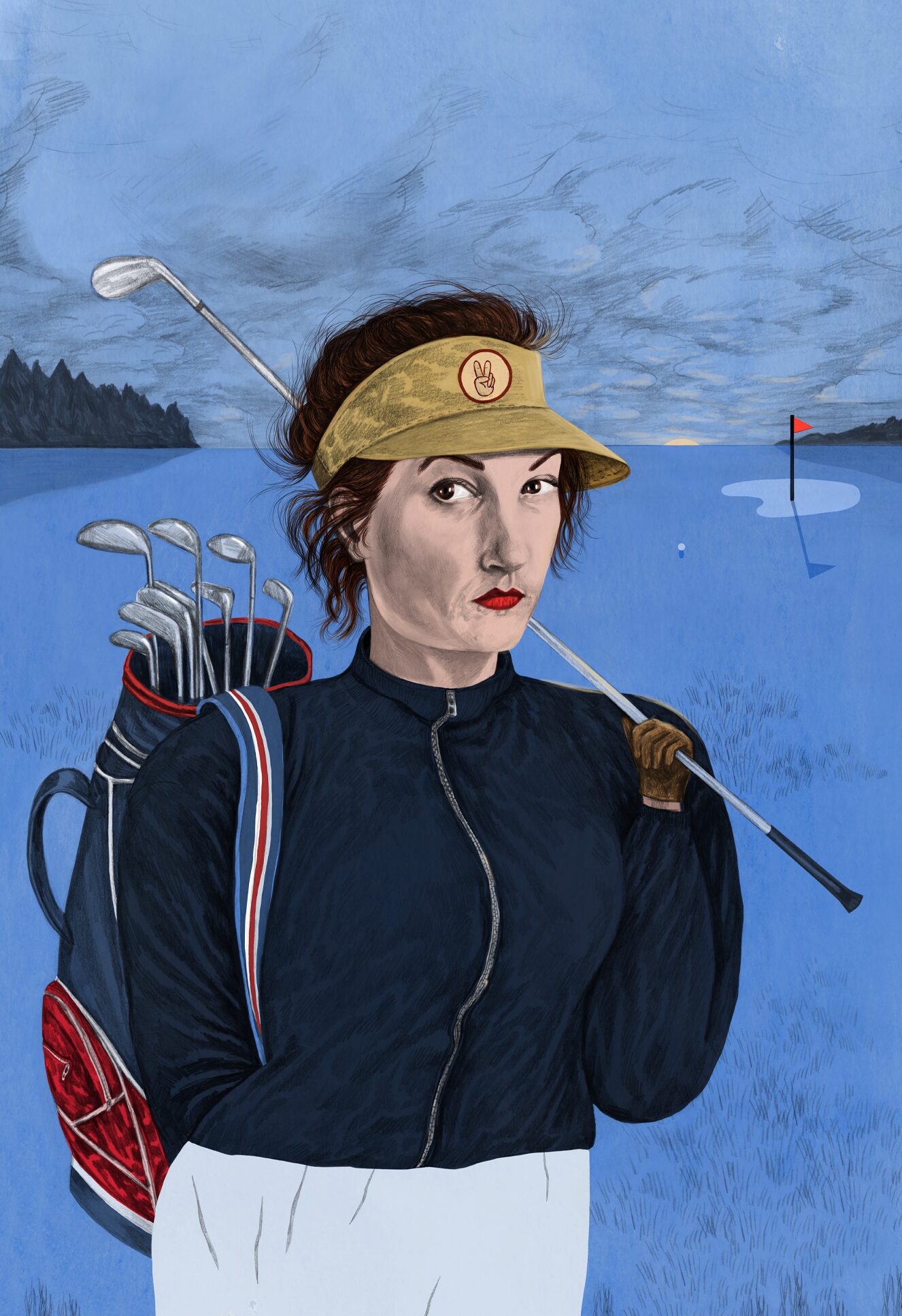 Woman golfer with a visor and club, carrying a golf bag.