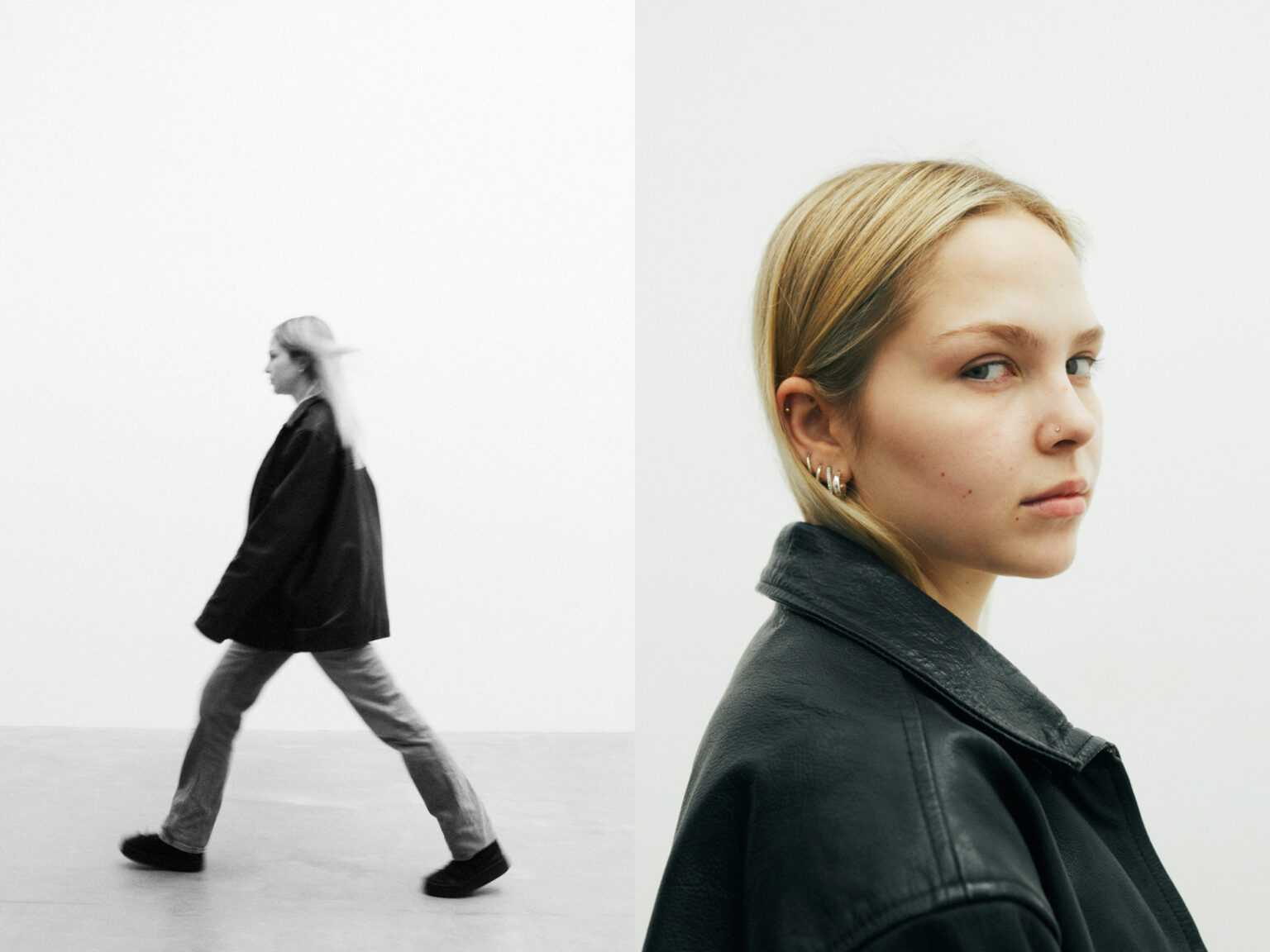 Black and white split image: woman walking left, close-up of woman's face and shoulder.