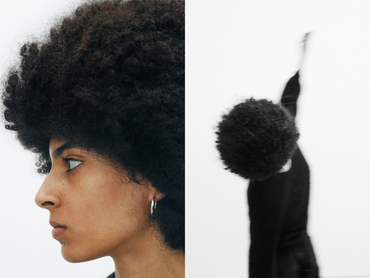 Profile of a person with an afro, split with a blurred figure in motion.