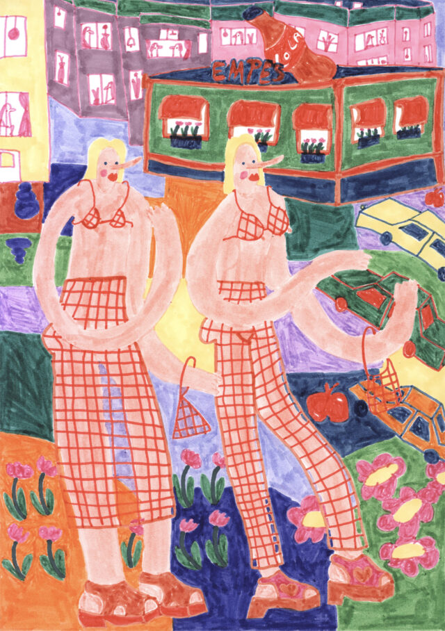 Two figures in checkered outfits stand in a colorful, abstract cityscape with cars and flowers.