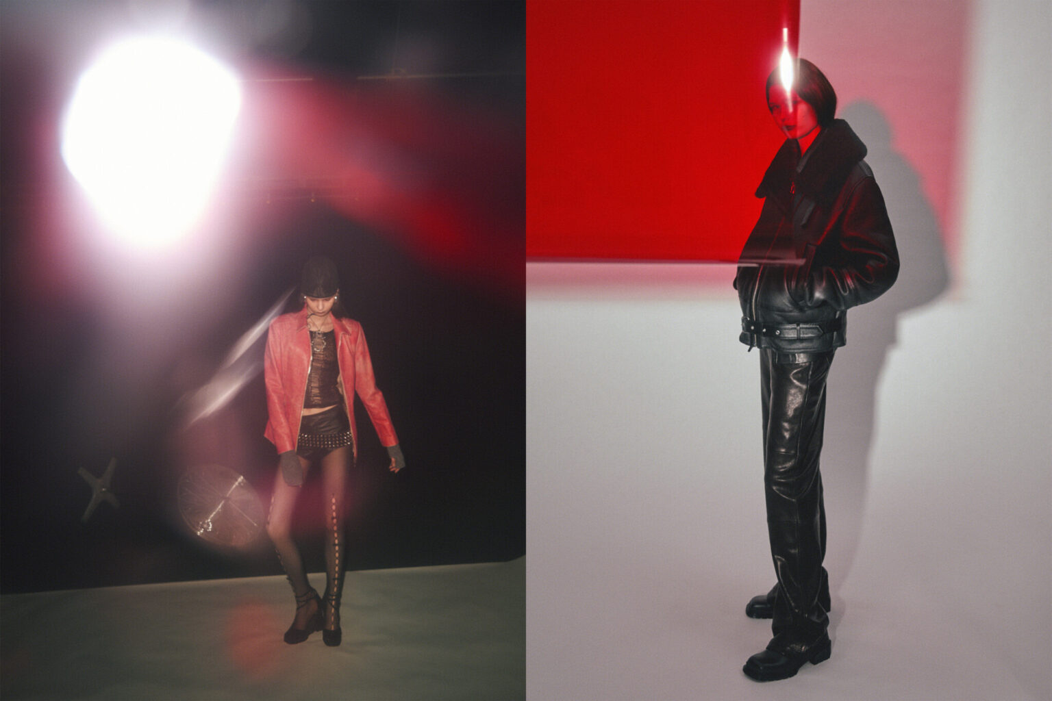 Person in red jacket and leather pants on left, person in black leather jacket and pants on right.