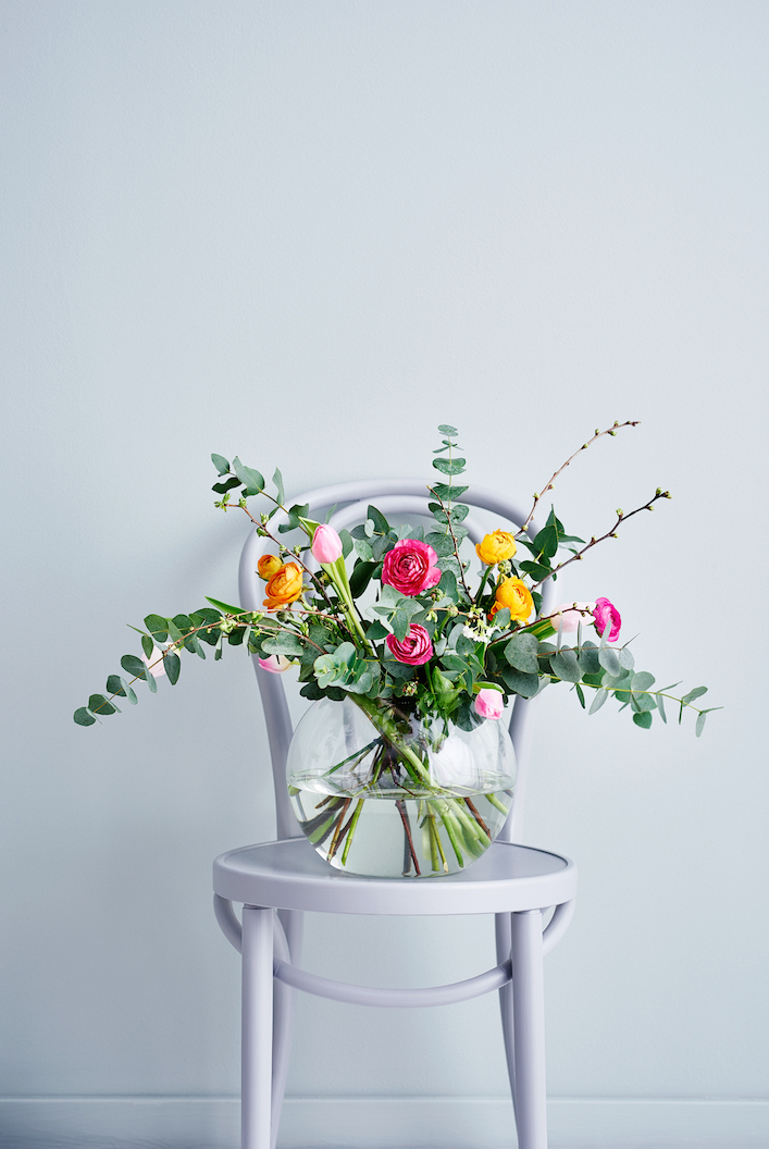 A bouquet of colorful ranunculus and tulips in a glass vase on a light purple chair.