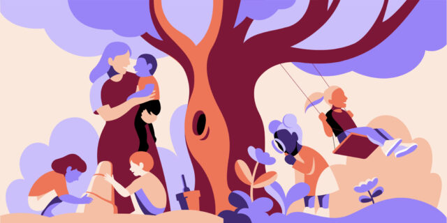 A family enjoys a day outdoors under a tree, with kids playing in sand and on a swing.