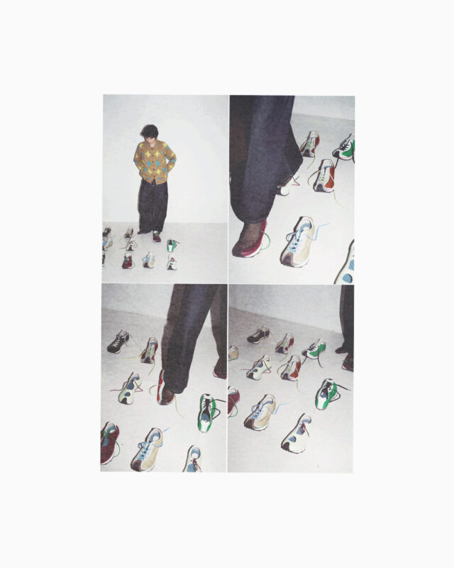 A person stands among many scattered, illustrated sneakers.